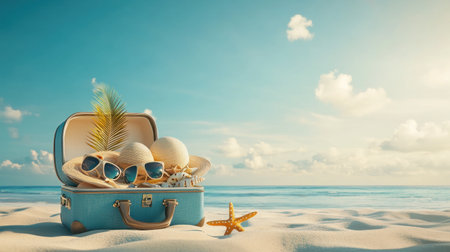 A suitcase filled with beach accessories and summer on the sand of an exotic island, against a blue sky background. The scene is illuminated by bright sunlight, creating a cheerful atmosphere for vacation planning. Photorealistic 3D rendering presenting travel suitcases full of colorful holiday elements such as sunglasses, flip-flops, sun hats, starfish, seashells, and palm leaves on a sunny day at a tropical beach, in the style of a panoramic banner. --chaos 30 --ar 16:9 --v 6.1 Job ID: 5391308a-0727-4198-b5b9-3dcc2e6b5810の素材