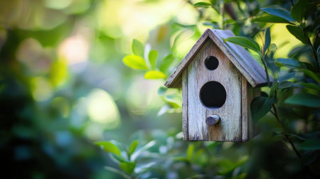 A wooden birdhouse in the forest, close-up, with a blurred background and ample copy space. The concept is conveyed through natural lighting and ultra-realistic photography. --chaos 30 --ar 16:9 --v 6.1 Job ID: 46cb1fcf-d8fe-4816-ae84-4df51079957fの素材