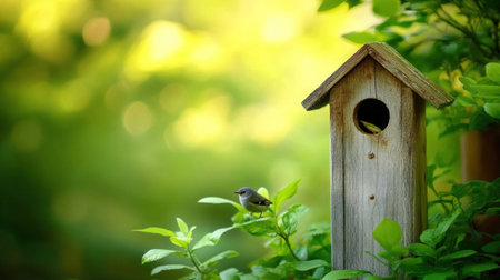 A wooden birdhouse in the forest, close-up, with a blurred background and ample copy space. The concept is conveyed through natural lighting and ultra-realistic photography. --chaos 30 --ar 16:9 --v 6.1 Job ID: 46cb1fcf-d8fe-4816-ae84-4df51079957fの素材