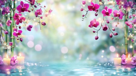 Background wallpaper, spa-themed with bamboo and orchid flowers on the sides, candles lit in front of a water surface, a green color palette, blurred background, in a zen style, with purple, pink, and blue colors. --chaos 30 --ar 16:9 --v 6.1 Job ID: cff38ded-6179-4c19-90c5-7a980ec8f7f1の素材