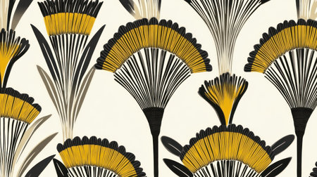 A seamless pattern with geometric shapes in olive green and grey, their forms interwoven like intricate lace work, their details reflecting the elegance of Art Deco design. The color palette includes shades of mustard yellow to add vibrancy, all set against an isolated white background. This style reflects vintage wallpaper patterns from mid-century interior designs, offering visual interest for various applications. --chaos 30 --ar 16:9 --v 6.1 Job ID: 3a69d522-e179-44a8-96eb-7bb236bfd556の素材