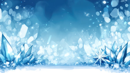 A beautiful winter background with snowflakes and frost on the ground, with copy space for text or design. The blue sky is blurred in the background. There's a lot of white snow covering everything, and there are large crystal-like ice crystals on top of it. In front of all that snow stands an icy, silver, star-shaped snowflake, which shines brightly against the bright light. This is a high-quality photo with a lot of detail. It feels very magical and serene, in the style of ultra-realistic photography. --chaos 30 --ar 16:9 --v 6.1 Job ID: 1d6566de-e663-4f7c-8908-ed5559fb7dd4の素材