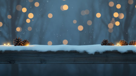 A wide, panoramic background featuring a snow-covered wooden table with pine cones and lights, glowing bokeh lights in the background, ample copy space, a blue color palette, and a festive, Christmas-themed concept. --chaos 30 --ar 16:9 --v 6.1 Job ID: 3676c66a-a291-42a2-85a7-e3ec44c7086cの素材