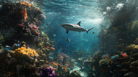 An underwater scene with various sea creatures swimming around, including sharks and fish on the left side of an ocean reef covered in colorful coral. The water is clear and blue, creating a vibrant backdrop for the marine life. --chaos 30 --ar 16:9 --v 6.1 Job ID: ccd58498-53a1-46b9-bf7b-5106d7e412bbの素材