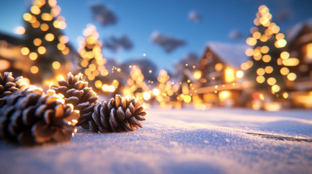 A wide, panoramic background featuring a snow-covered wooden table with pine cones and lights, glowing bokeh lights in the background, ample copy space, a blue color palette, and a festive, Christmas-themed concept. --chaos 30 --ar 16:9 --v 6.1 Job ID: 3676c66a-a291-42a2-85a7-e3ec44c7086cの素材