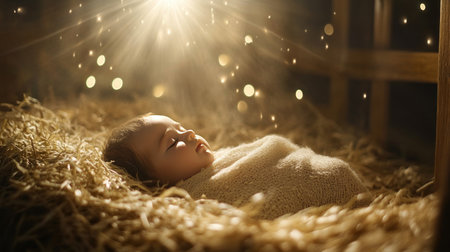 A baby Jesus lying in the manger, with rays of light shining down on him. The background is a straw bed and an old wooden crib. --chaos 30 --ar 16:9 --v 6.1 Job ID: 26c49cf2-ebbd-48ff-b281-7faafa953811の素材