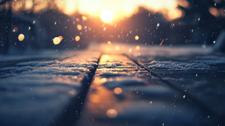 Background with a wooden floor and snow, snow falling in the background, blue tones, bokeh lights, realistic, high-resolution photography, stock photo, professional color grading. --chaos 30 --ar 16:9 --v 6.1 Job ID: d3dc5b2f-b2eb-477c-bf08-209824d17512の素材