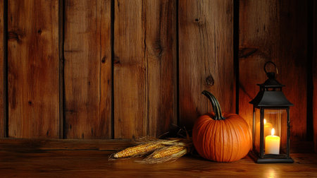 A rustic wooden background with pumpkins, corn husks, and candles on the table. A warm glow from lanterns creates an inviting atmosphere for your fall-themed designs. The dark wood texture adds depth to the scene, making it perfect as a backdrop or banner for autumn themes. Wide-angle lens, realistic, detailed photography at f/5.6. --chaos 30 --ar 16:9 --v 6.1 Job ID: 559b01e0-7f3f-45e4-ac9d-a800ff55abceの素材