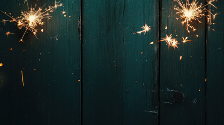 A dark blue wooden background with sparklers in the corners, creating an enchanting and festive atmosphere for New Year's Eve celebrations or other events. The sparkling sparks add to the overall joyous mood of celebration. A perfect backdrop for adding text or images related to special moments like holiday celebrations or fireworks displays. --chaos 30 --ar 16:9 --v 6.1 Job ID: 4564c689-2a4a-4874-a97d-64668f02e6f5の素材