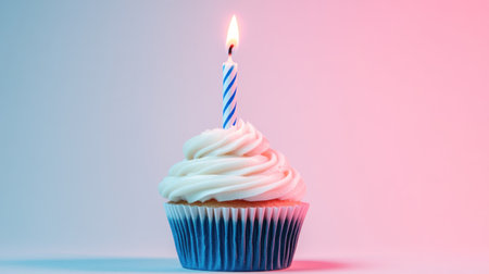 A cupcake with one candle, decorated in pastel colors against a soft blue and pink gradient background. The scene is captured from the front view to highlight its beauty. A single lit birthday candle adds an extra touch of celebration. --chaos 30 --ar 16:9 --v 6.1 Job ID: f9a74049-cdc3-4671-b0f5-b049d0289db6の素材