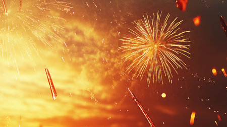 Colorful, golden glitter background with fireworks and confetti for celebration, New Year's Eve party banner or poster design. Copy space, high quality. --chaos 30 --ar 16:9 --v 6.1 Job ID: b1d5ffa1-1d04-40b6-9c4a-84e96e14d9bdの素材