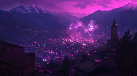 A panoramic view of colorful fireworks lighting up the night sky over mountains, creating an enchanting and festive atmosphere for a New Year's celebration. The distant silhouette of mountain peaks adds depth to the scene. --chaos 30 --ar 16:9 --v 6.1 Job ID: 0f58a7cb-e13f-4a73-8f7a-88e861ffc512の素材