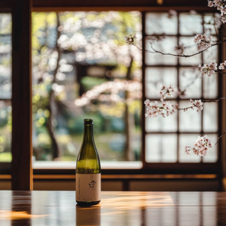 A bottle of green wine is placed on the table, with cherry blossoms blooming outside and traditional Japanese-style windows in the background. The composition highlights an empty wooden tabletop, creating a minimalist yet elegant scene. Soft natural light illuminates the interior space through the window, adding warmth to the overall atmosphere. This photo was taken using a Canon EOS R5 camera, presenting high-definition details. --v 6.1 Job ID: 34de6f2a-4ae6-4fea-8e7a-4938bd561d12の素材