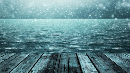 Background with a wooden floor and snow, snow falling in the background, blue tones, bokeh lights, realistic, high-resolution photography, stock photo, professional color grading. --chaos 30 --ar 16:9 --v 6.1 Job ID: d3dc5b2f-b2eb-477c-bf08-209824d17512の素材