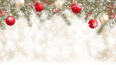 Christmas background with snowflakes, pine branches, and red ornaments. Christmas card template with copy space for text. Snowy winter landscape with white bokeh lights. --chaos 30 --ar 16:9 --v 6.1 Job ID: cdcd05c8-34e0-4ed2-bbb1-e0daec1e92c8の素材
