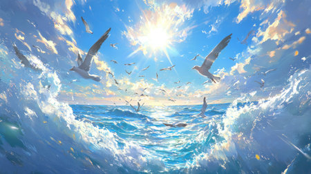 Blue sky with white clouds and sun, bright sunshine, panoramic view, background, banner. The blue sky is clear without any clouds or dust in the air. White fluffy clouds float gracefully across the horizon, creating an endless expanse of lightness. Sunlight shines through them, casting warm rays on everything below, in the style of Claude Monet. --chaos 30 --ar 16:9 --v 6.1 Job ID: 5e458a5f-59b6-45c7-816b-1f225bae28dfの素材