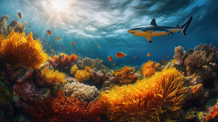 A vibrant underwater scene with colorful coral reefs, swimming fish, and sharks in the background. The water is a clear blue, with sunlight filtering through and creating caustic effects on the surface of the sea. There is an air of tranquility as marine life coexists peacefully under the crystal-clear waters. This is a high-resolution photograph that captures the beauty of the ocean depths. --chaos 30 --ar 16:9 --v 6.1 Job ID: e724c0c8-2b46-40b3-b6ac-9e78259cf1d1の素材