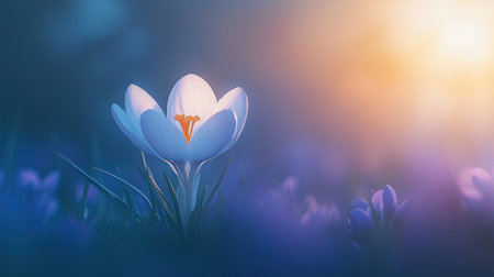 A white crocus flower stands out among the purple flowers in the grass, with ample copy space for text on the right side, creating a banner-like composition. --chaos 30 --ar 16:9 --v 6.1 Job ID: c9ed72f8-9c29-4302-baf9-32bfe10f38c5の素材