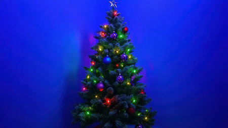 Christmas tree with decorations on a dark blue background with bokeh lights, a wide web poster template design. Christmas and New Year concept. Banner with copy space for text. Stock photo with 2/3 space for text. --chaos 30 --ar 16:9 --v 6.1 Job ID: b94b80e4-10bc-45c9-8a02-8a23f7a05404の素材
