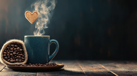 Close-up of a cup with hot coffee and steam coming out of it, next to a burlap sack full of roasted beans on a wooden table against a dark background with copy space for your text. Banner design. Heart-shaped smoke above the mug. Photorealistic picture taken using a wide-angle lens. --chaos 30 --ar 16:9 --v 6.1 Job ID: b9af447e-1a6e-4b45-9d2b-42f74bbb9d8aの素材