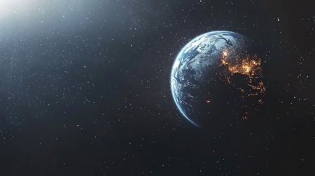 Background: a blue Earth in space with stars, light rays, and a glow. Glowing light effects, a dark background, a glowing planet Earth on a black sky, a glowing light effect, a glowing design on the left side of the picture, glowing lights on the right side of the image, a glowing light effect, a glowing design on top of the photo, a glowing effect, a glowing design on the bottom of the photo, a glowing effect, a glowing design on top of the picture, a glowing effect. --chaos 30 --ar 16:9 --v 6.1 Job ID: 31936f37-2a38-43d1-9bb4-fc80b79f5e18の素材