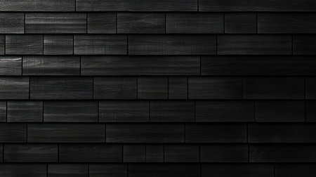 Black, flat, shingle roof texture background banner, a seamless pattern of black, horizontal, wooden wall cladding for web design and print. Wide panorama. --chaos 30 --ar 16:9 --v 6.1 Job ID: b989459c-d7f7-4e24-9b13-dc4ad013c544の素材