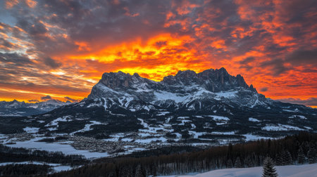 A panoramic view of the silhouette mountains at sunset, covered in snow and illuminated by vibrant orange hues, with a forest below, captured from an elevated perspective using a Canon EOS-1D X Mark III. The sky is filled with dramatic clouds, creating a breathtaking backdrop for the winter landscape. Captured with a Nikon D850, wide-angle lens, f/4 aperture, during the golden hour, in a panoramic composition. --chaos 30 --ar 16:9 --v 6.1 Job ID: fc1b0973-6348-4e20-9b07-8d982f64f958の素材