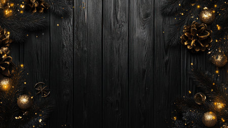 Black wooden background with golden fireworks in the upper right corner of the picture, illuminating the dark sky with a New Year atmosphere. The image has a real photo effect, captured with a wide-angle lens at high resolution, showcasing high-quality, hyper-realistic details. The professional photography features soft shadows, no contrast, sharp focus, film grain, and professional color grading, creating a sense of depth and volume through the use of bokeh and volumetric lighting. --chaos 30 --ar 16:9 --v 6.1 Job ID: ff6d19f2-0eff-4cf1-a1a4-3dd21f52f1ceの素材