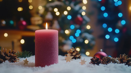 Christmas background with a pink candle, stars, and decorations on snow in front of a blue bokeh light. --chaos 30 --ar 16:9 --v 6.1 Job ID: acf5fd56-2941-4707-9470-1d2e26db7f7eの素材