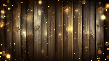 A wooden background with golden fireworks on the left and right sides, creating an overall festive atmosphere. The background is dark brown in color, with blurred lights in various sizes that create bokeh effects around it. There's no text or other elements present. It has an empty center area for copy space, an ultra-realistic photograph captured in high resolution. --chaos 30 --ar 16:9 --v 6.1 Job ID: 9ce33fb2-ee39-4461-b486-b07111e86382の素材
