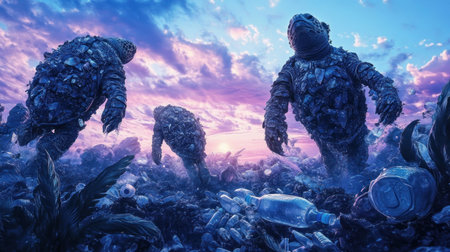 An underwater scene showing plastic waste floating in the ocean, with an illustration of sea turtles entangled among bottles and bags. The background is a gradient sky transitioning from blue to pink at sunset, symbolizing environmental sorrow. In the foreground, there's depth blur creating a sense that some animals have pushed their way through debris, emphasizing human impact on marine life. This photorealistic image captures intricate details of water texture, lighting effects, and marine creatures' features. --chaos 30 --ar 16:9 --v 6.1 Job ID: 0c3732cc-a340-4c3f-a4c0-e644c14d19e4の素材