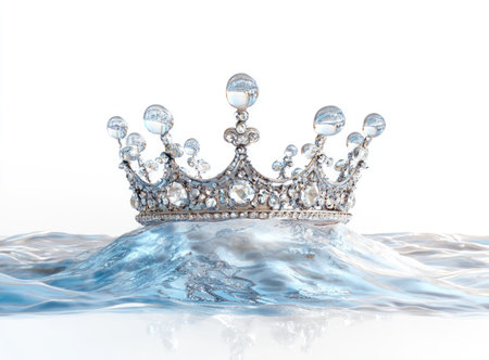 A water splash in the shape of a crown, isolated on a white background. High-resolution photographic art, in a PNG format with a transparent and clean composition. No shadow effect, with a blue color palette, and high definition. --ar 41:30 --v 6.1 Job ID: 10994a3b-f5fa-4fdc-82cd-be61bc29bb22の素材