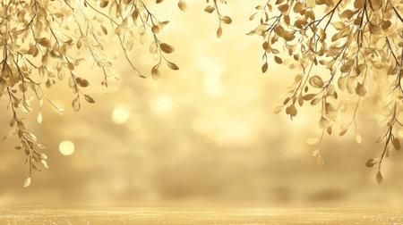 A golden background with hanging hazel blossoms, blurred in the foreground and blurred on both sides. The focus is centered on two branches hanging from top to bottom. There should be some bokeh lights at various points along the horizontal line that outlines the entire frame. This design will create an atmosphere of springtime, warmth, sunlight, or happiness. It can also symbolize new beginnings, growth, beauty, nature's cycle, etc., and be suitable for banner use. --chaos 30 --ar 16:9 --v 6.1 Job ID: fc2cfefc-418e-4118-bf22-3be7317dacdaの素材