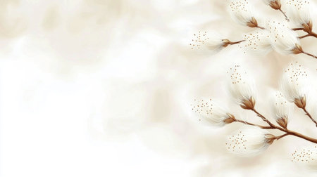 A close-up of willow catkins on the branches, with a blurred background. The focus is on the fluffy white buds with brown tips, symbolizing spring and renewal. A warm color palette adds a sense of warmth to the scene. The background features soft hues that create depth and space for text or design elements. This banner captures the essence of nature during the Easter season. --chaos 30 --ar 16:9 --v 6.1 Job ID: eab50a7d-527f-46d1-8240-5232b3c0d15eの素材