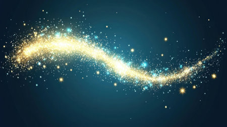 Abstract background with golden, glowing glitter and light particles on a blue, shiny star trail banner for a Christmas or New Year's celebration. --chaos 30 --ar 16:9 --v 6.1 Job ID: 073e95c9-c8ae-41ee-a6f1-118c509cea4bの素材