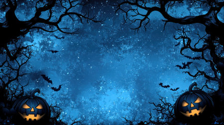 A blue background with silhouettes of black trees and two pumpkins, a Halloween banner template design with a copy space area for text. A simple yet eerie illustration capturing the essence of spooky Halloween with cartoon-style illustrations, showcasing dark tree branches, scary jack-o'-lanterns, and mysterious shadows on an isolated night sky backdrop. The vector graphic is perfect as a social media post or website header, isolated on a pastel color background. --chaos 30 --ar 16:9 --v 6.1 Job ID: facbaacd-2a35-4b9d-b7f5-3832e667062aの素材