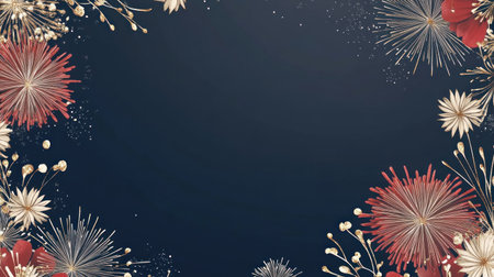 A dark blue background with fireworks, with large areas of blank space in the center and small fireworks on both sides. The colors are bright red, white, gold, and silver, creating a festive atmosphere for New Year's Eve. It has an elegant touch and highlights the details, creating a sense of celebration. A panoramic view. --chaos 30 --ar 16:9 --v 6.1 Job ID: a0f9e397-0f97-4365-9a23-0e2e1fe0ffd2の素材