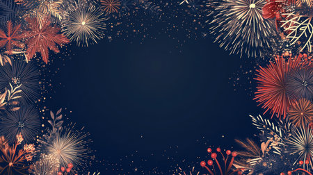 A dark blue background with fireworks, with large areas of blank space in the center and small fireworks on both sides. The colors are bright red, white, gold, and silver, creating a festive atmosphere for New Year's Eve. It has an elegant touch and highlights the details, creating a sense of celebration. A panoramic view. --chaos 30 --ar 16:9 --v 6.1 Job ID: a0f9e397-0f97-4365-9a23-0e2e1fe0ffd2の素材
