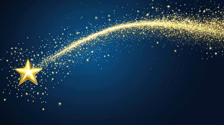 A glowing golden trail of glittering stars against a blue background, creating an enchanting and festive atmosphere for a Christmas or New Year's celebration banner design. The starry magic is perfect as a holiday greeting card template with copy space. --chaos 30 --ar 16:9 --v 6.1 Job ID: 527677d0-a873-40b2-a3b9-3d787c629debの素材