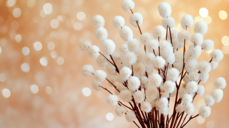 A close-up of willow catkins on the background, with copy space for text. The background is blurred and neutral in color to highlight the texture and shape of fluffy white blossoms. This image can be used as an Easter banner or panorama for spring and Easter themes. --chaos 30 --ar 16:9 --v 6.1 Job ID: cd2a4709-57c5-41cf-8ac4-b37590f332f9の素材