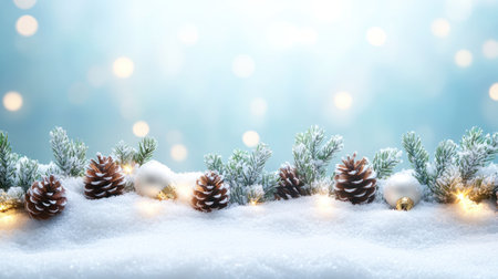 A wide banner with an abstract background of snow-covered wooden planks, adorned with pine cones and mistletoe in shades of blue, pink, white, and gold. The scene is illuminated by soft bokeh lights that create a magical atmosphere for Christmas or New Year themes, perfect as advertising space. --chaos 30 --ar 16:9 --v 6.1 Job ID: 04b1dabc-0e7d-43a5-a088-dfdc41c69519の素材