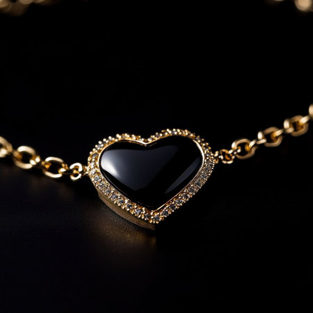 Black and gold heart-shaped bracelet, exquisite craftsmanship, luxurious texture, black background, professional photography, high resolution. The center of the chain is decorated with an onyx stone in the shape of a love symbol. This bracelet embodies elegance and luxury for men or women. --v 6.1 Job ID: f768e1c1-7cac-491a-a8d3-82ff22812281の素材