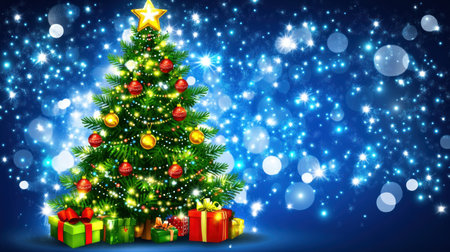 Christmas tree with decorations on a dark blue background with bokeh lights, banner-style. --chaos 30 --ar 16:9 --v 6.1 Job ID: 03bc9316-d0ac-494c-8c61-29dfd5ea6f6aの素材