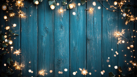 A dark blue wooden background with sparklers in the corners, creating an enchanting and festive atmosphere for New Year's Eve celebrations or other events. The sparkling sparks add to the overall joyous mood of celebration. A perfect backdrop for adding text or images related to special moments like holiday celebrations or fireworks displays. --chaos 30 --ar 16:9 --v 6.1 Job ID: 4564c689-2a4a-4874-a97d-64668f02e6f5の素材