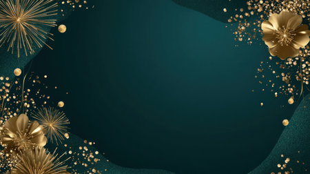 A wide banner with a dark blue background, decorated with golden fireworks and bokeh lights. The background is dark green. A golden fireworks display appears on the left side of the frame. There is ample white space on both sides for text or other elements. --chaos 30 --ar 16:9 --v 6.1 Job ID: afbe8944-e224-44d3-b3c8-4d6594d08325の素材