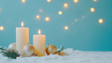 An idyllic background, Christmas candles on snow, shiny lights and decorations, blue background, high resolution, high detail. --chaos 30 --ar 16:9 --v 6.1 Job ID: 4cc3fca8-88d1-4fce-b2f0-49a12f495bddの素材