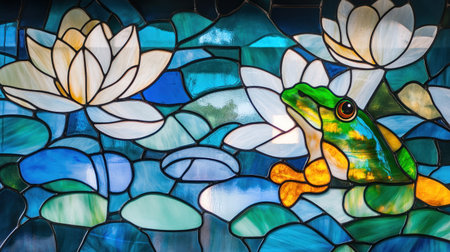 A stained glass window depicting an iridescent green tree frog with yellow accents, sitting on the edge of water lilies in blue and teal colors. The image is high resolution, highly detailed, accurate and precise, stunning, cinematic, and epic in its presentation. --chaos 30 --ar 16:9 --v 6.1 Job ID: 5a6eabe4-fc26-471c-9de9-1f60f355fcdaの素材