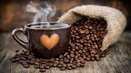 A steaming cup of coffee with heart-shaped wisps of steam rising from it, surrounded by scattered brown coffee beans on an old wooden table. A burlap sack filled with more coffee beans is also visible in the background. The setting exudes warmth and charm, perfect for creating an inviting atmosphere. --chaos 30 --ar 16:9 --v 6.1 Job ID: 567eb15a-f992-416d-baa0-ec62ea02a220の素材