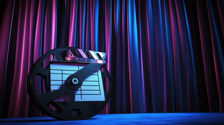 A movie clapperboard and film reel on a stage with velvet curtains in the background. --chaos 30 --ar 16:9 --v 6.1 Job ID: a11eec97-1574-49fd-acb9-da2e9e206c35の素材