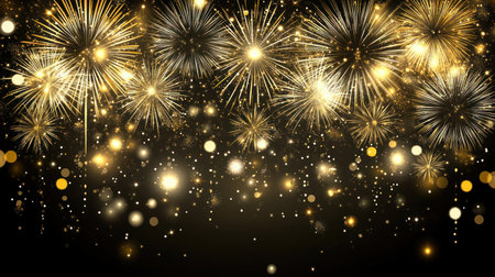 Colorful, golden glitter background with fireworks and confetti for celebration, New Year's Eve party banner or poster design. Copy space, high quality. --chaos 30 --ar 16:9 --v 6.1 Job ID: b1d5ffa1-1d04-40b6-9c4a-84e96e14d9bdの素材